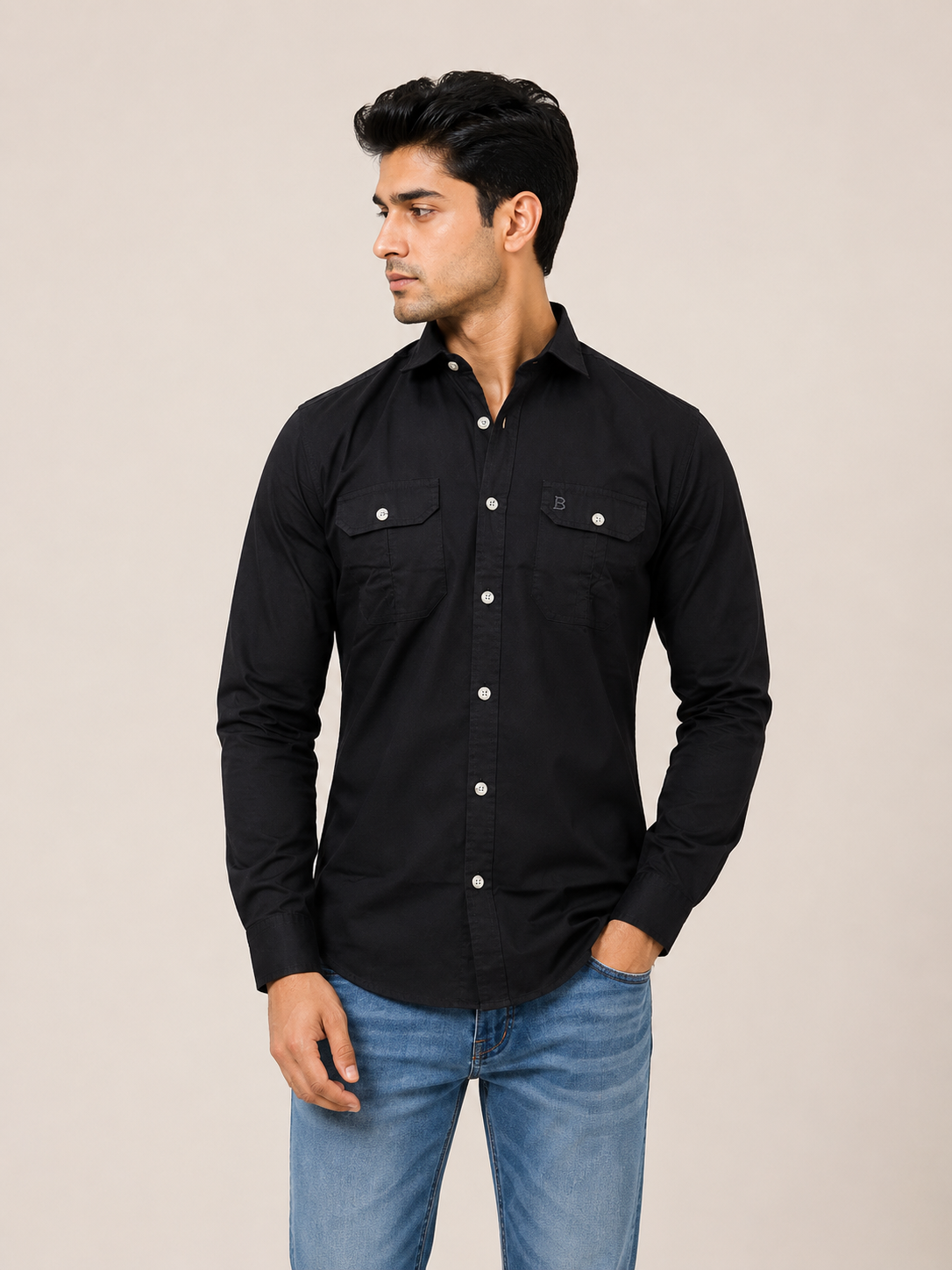 Solid Slim Fit Cargo Shirt for Men