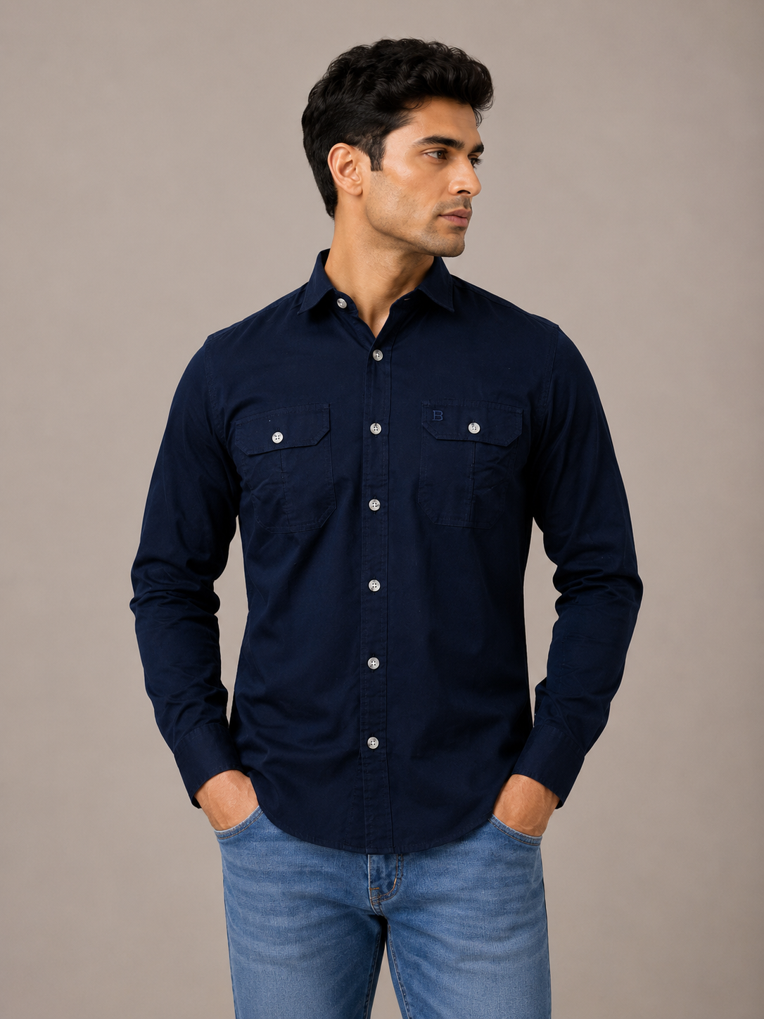 Solid Slim Fit Cargo Shirt for Men