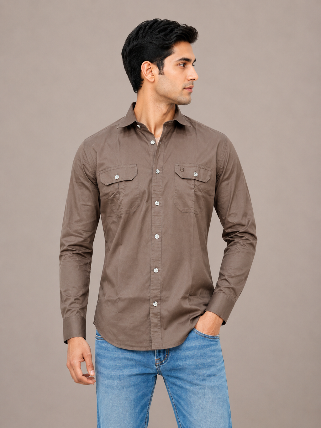Solid Slim Fit Cargo Shirt for Men