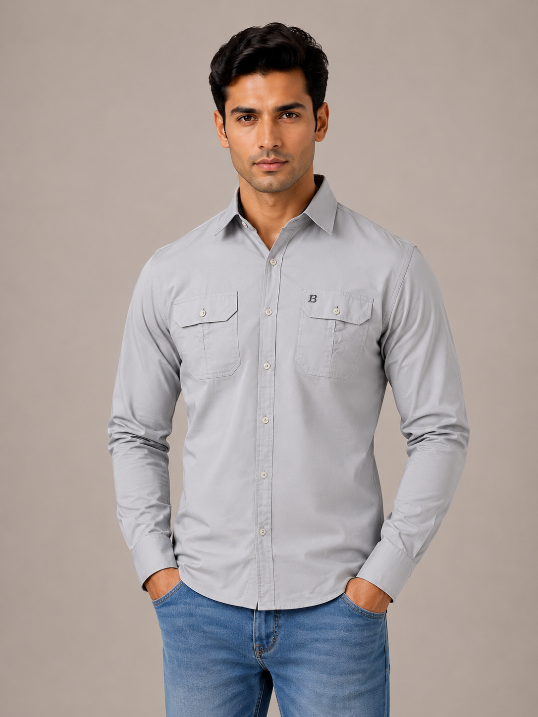 Solid Slim Fit Cargo Shirt for Men