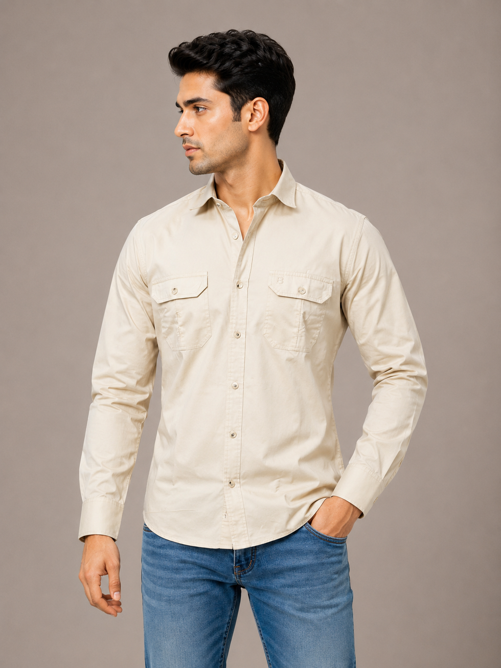 Solid Slim Fit Cargo Shirt for Men